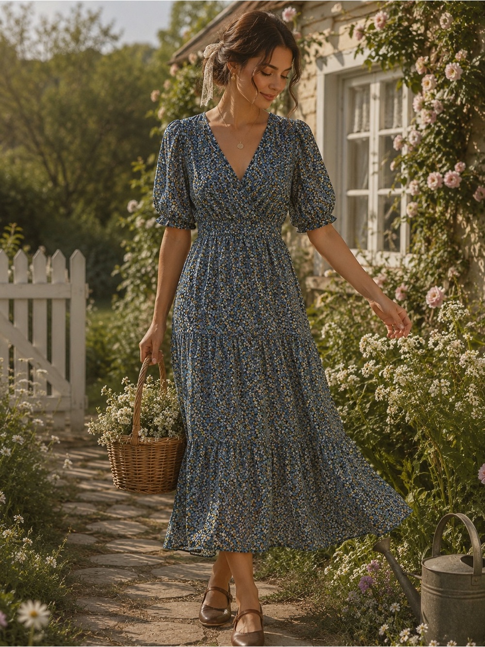 Old Navy Floral Midi Wrap Dress Large Puff Sleeve Smocked Cottagecore Boho Large - Picture 9 of 9